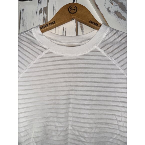 Lululemon 6 Uncovered Long Sleeve Cropped White Semi Sheer Striped Slim Fit Crew - Picture 4 of 8